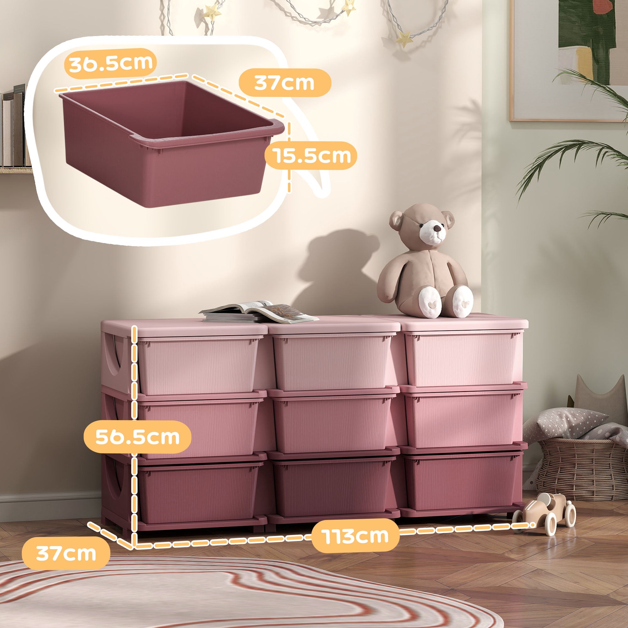 HOMCOM Kids Storage Unit, with Nine Drawers - Pink